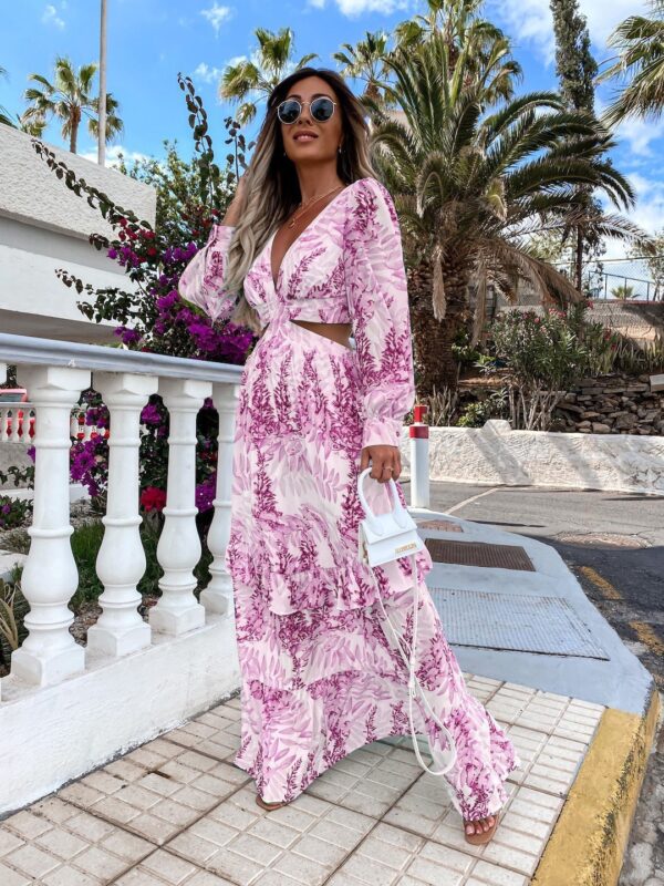 Elegant Women's Hollow Floor V-neck Long-sleeved Plant Dress Long Dresses Spring Summer Print V-neck Long Sleeve Dress - Image 3