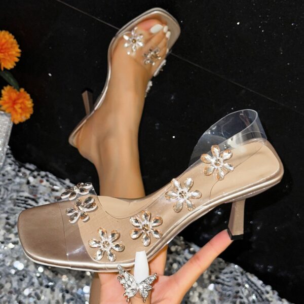 Square Toe Rhinestone Sandals With Transparent Strap Summer High Heels Shoes - Image 6