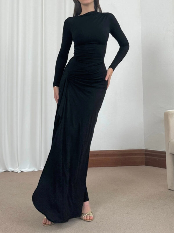 Slim-fitting Long-sleeved Asymmetric Split Dress Ins Fashion Solid Color Long Dresses For Women - Image 5