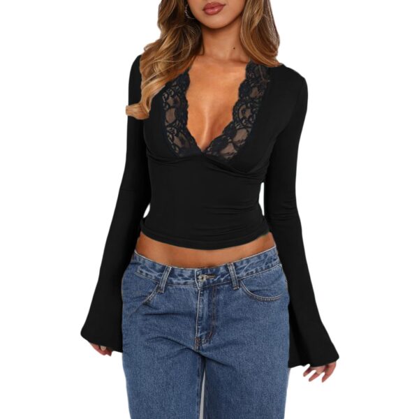 Slim V-neck Lace T-Shirt Ins Fashion Trumpet Sleeve Long-sleeved Top Women Clothing - Image 5