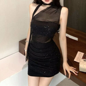Womens Solid-Color Sequin Ribbon Off-the-Shoulder Sleeveless Dress