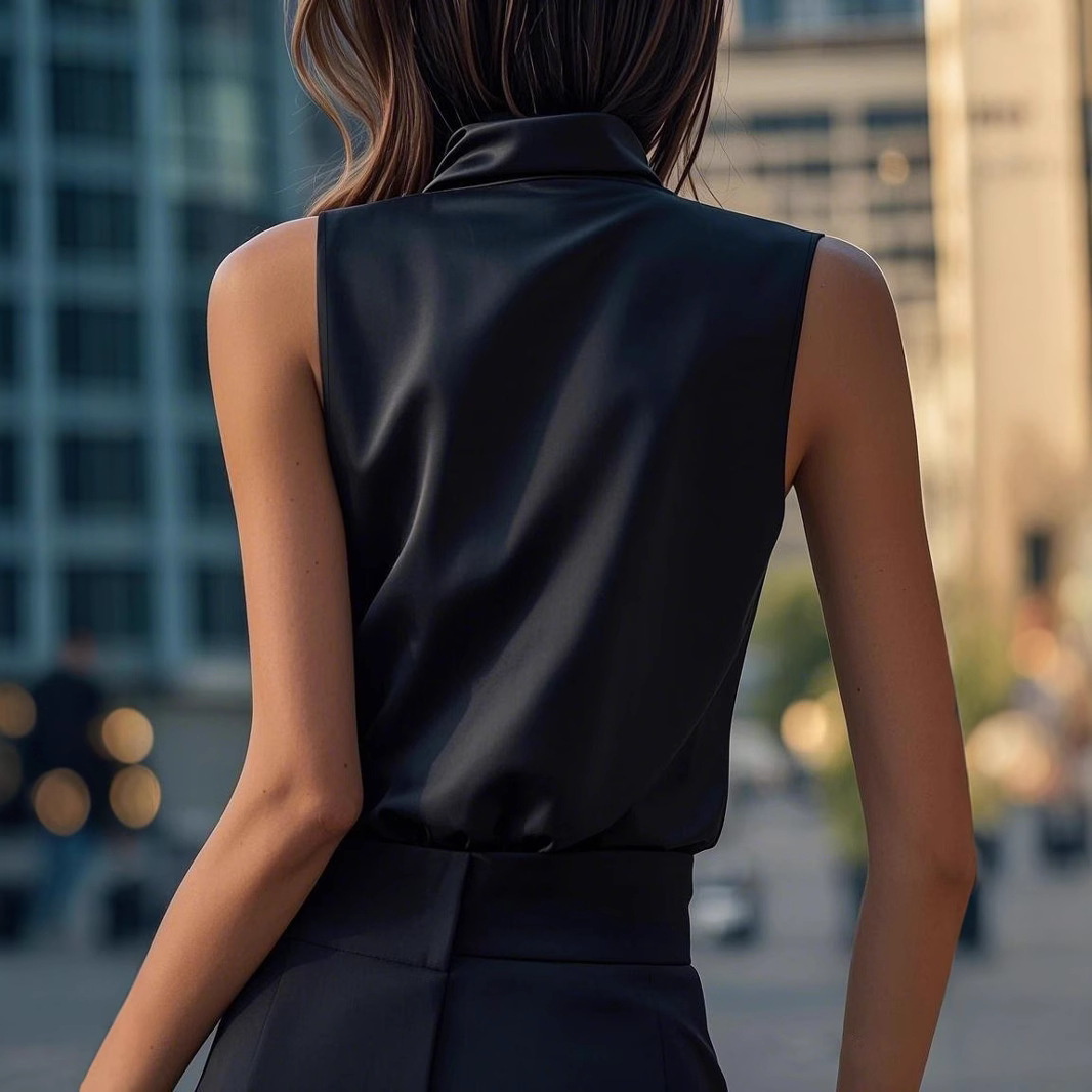 Womens Solid-Color Off-the-Shoulder High-Neck Halter Short-Sleeve Tank Top - Image 4