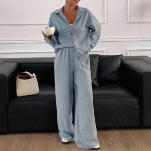 Womens Solid-Color Casual Loose Cotton-Linen Long-Sleeve Shirt And Pants Set