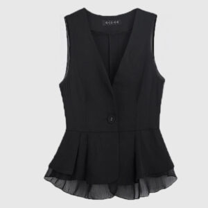 Women's Elegant Sleeveless V-Neck Vest Blazer With Ruffled Lace Hem, Solid Color Versatile Spring Jacket