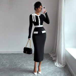 Black And White Womens Dress With Polyester Patchwork