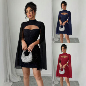 Round-neck Ribbed Pearl Chiffon Cape Bodycon Dress