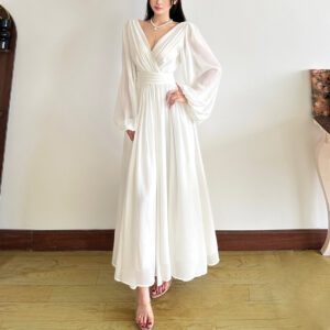 Solid-color Chiffon Waist-cinching Figure-flattering Long-sleeve Maxi Dress