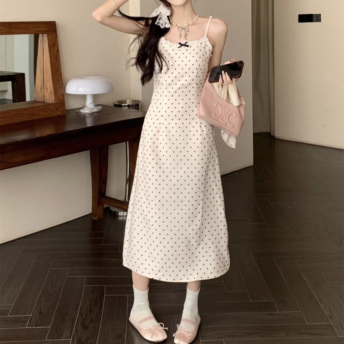 Korean-style Polka-Dot Slip Dress With Bow Detail - Image 3
