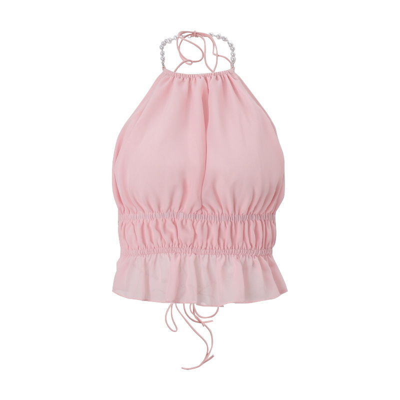 Street-style Sexy Hollow-out Pleated Solid-color Halter Tank Top - Image 2