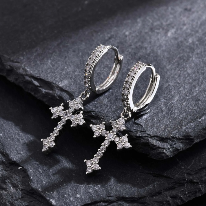 1 Pair Men's Sparkling Zircon Cross Dangle Huggie Hoops,Everyday Versatile Earrings - Image 2
