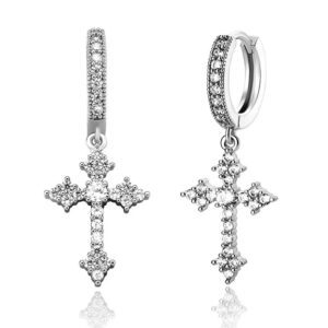 1 Pair Men's Sparkling Zircon Cross Dangle Huggie Hoops,Everyday Versatile Earrings