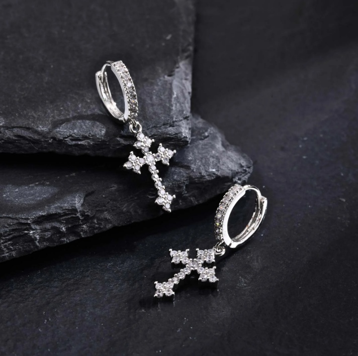 1 Pair Men's Sparkling Zircon Cross Dangle Huggie Hoops,Everyday Versatile Earrings - Image 8