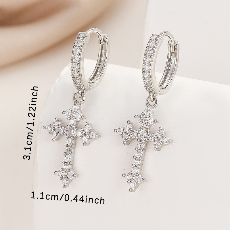 1 Pair Men's Sparkling Zircon Cross Dangle Huggie Hoops,Everyday Versatile Earrings - Image 10