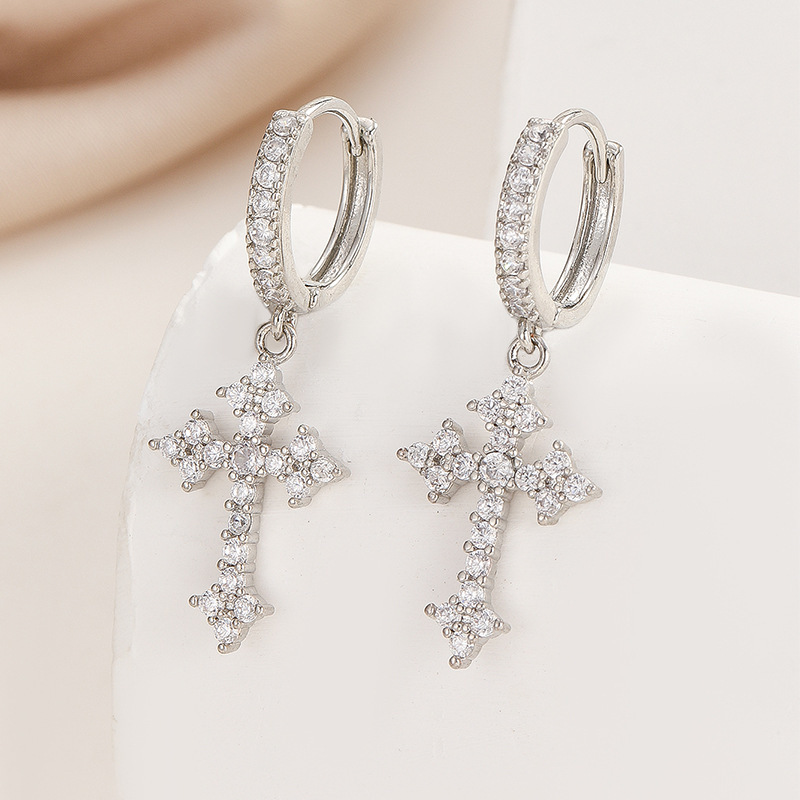 1 Pair Men's Sparkling Zircon Cross Dangle Huggie Hoops,Everyday Versatile Earrings - Image 5